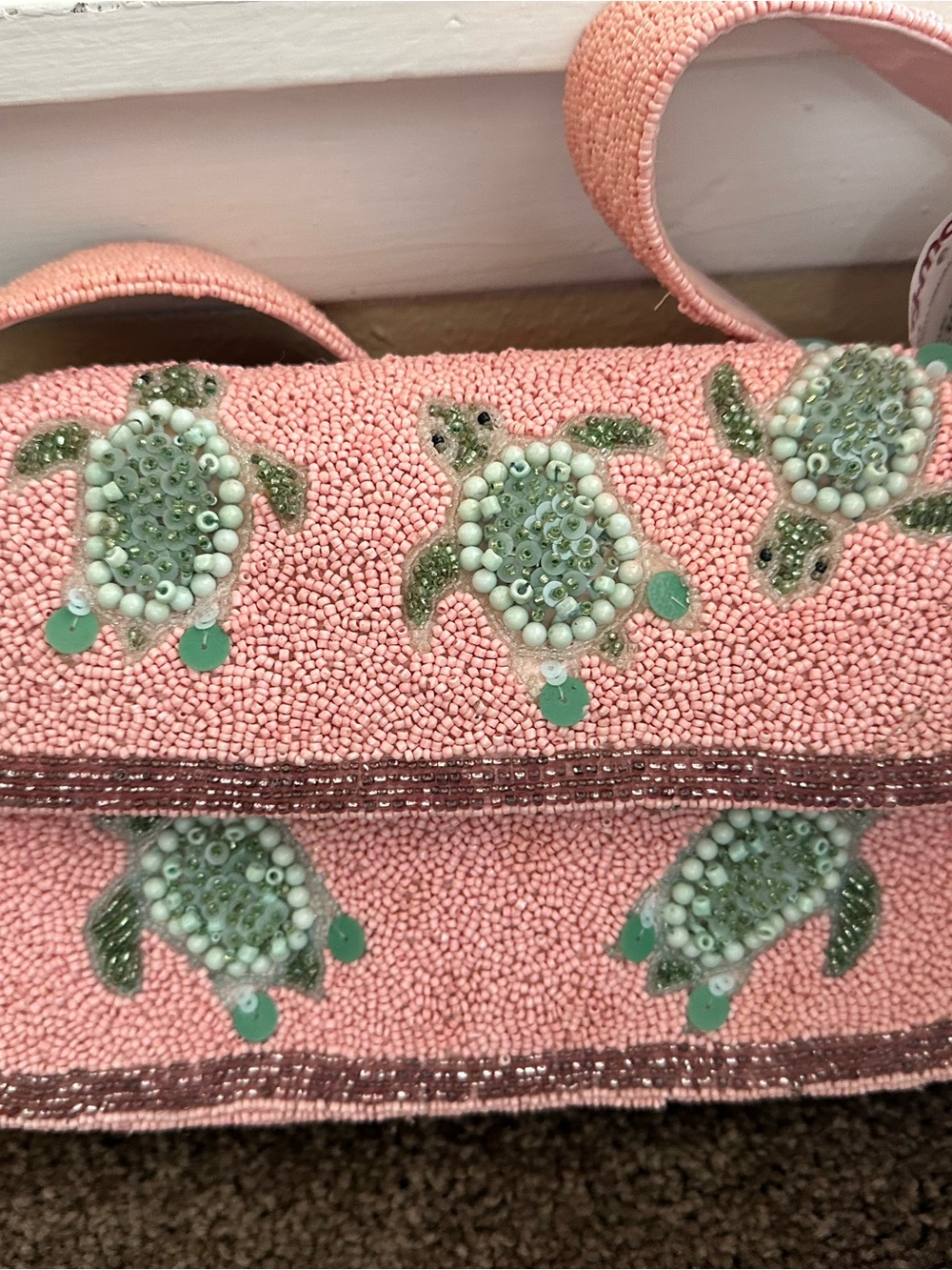 Beaded Pink Turtle Embellished Women's Shoulder Bag